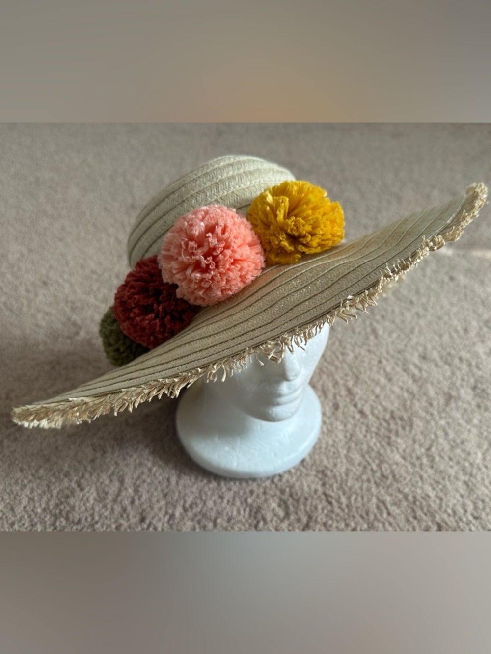 Wide Brim Straw Hat with Colorful Pom-Poms